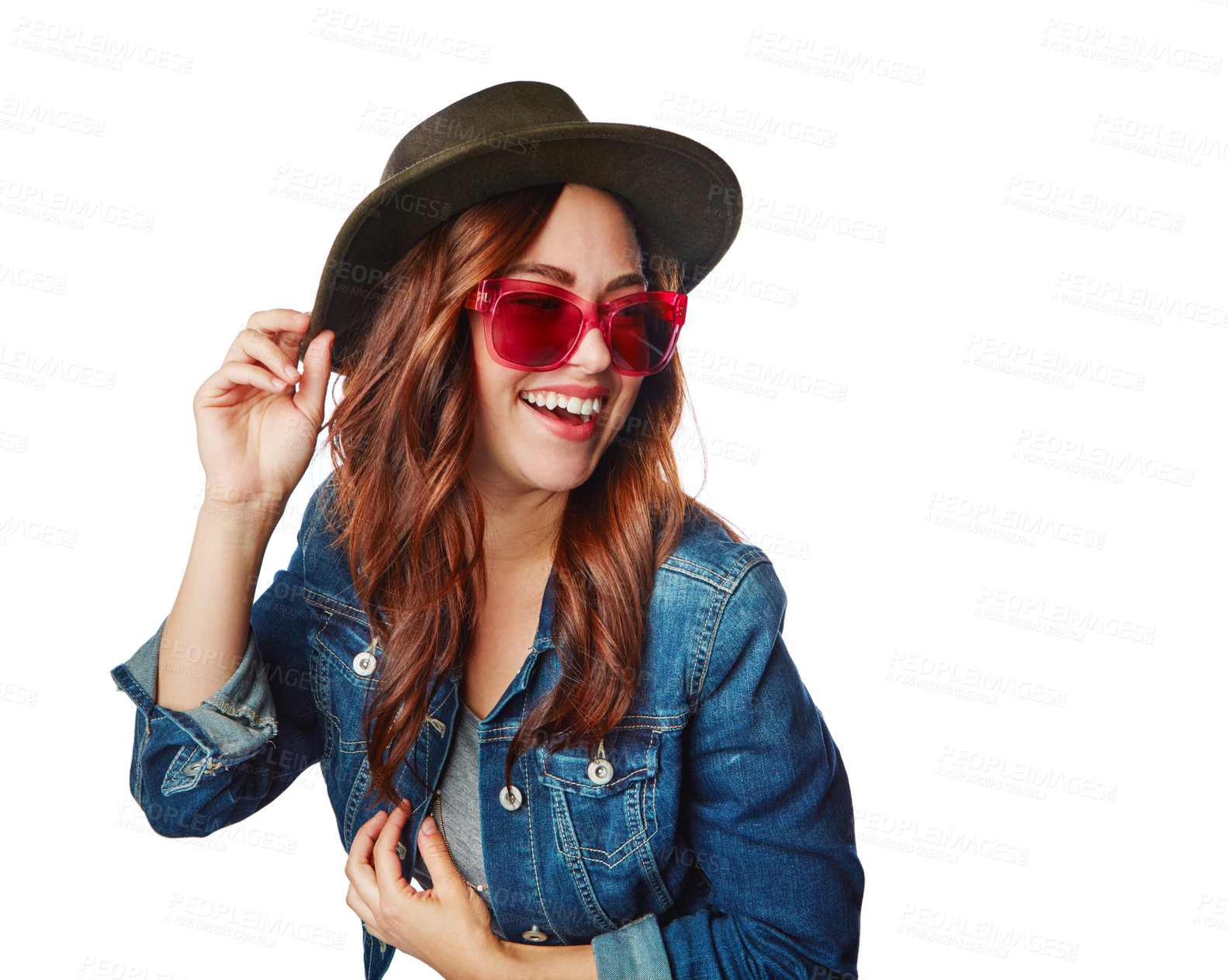 Buy stock photo Happy, young and woman in gen z fashion with trendy sunglasses and excited smile of people for style campaign. Happiness, cool and fashionista person smiling on isolated white background in studio.

