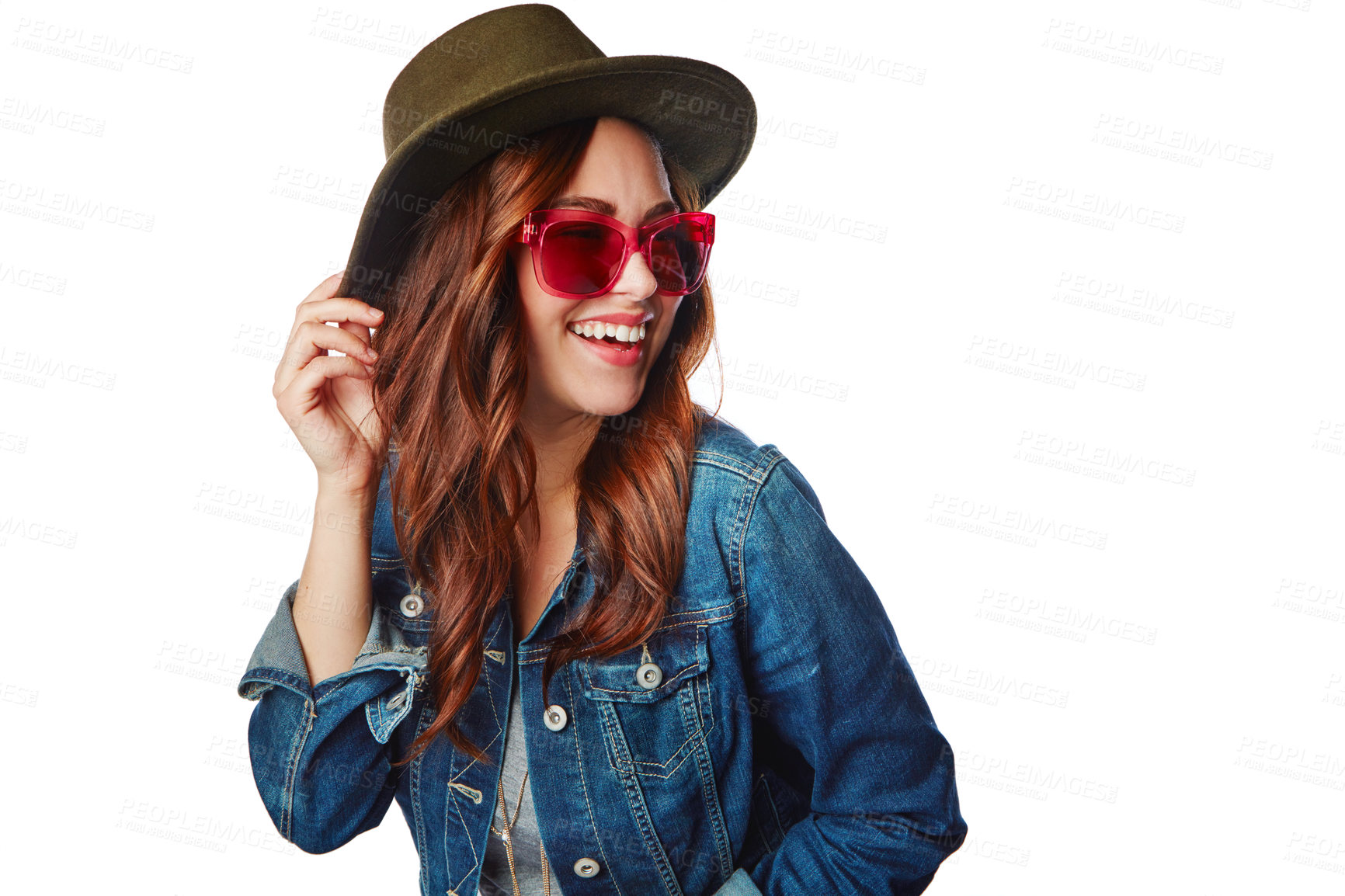 Buy stock photo Excited, youth and trendy fashion model with gen z style and funky sunglasses with happy smile. Happiness, cool and young fashionista girl with shades on isolated studio white background.

