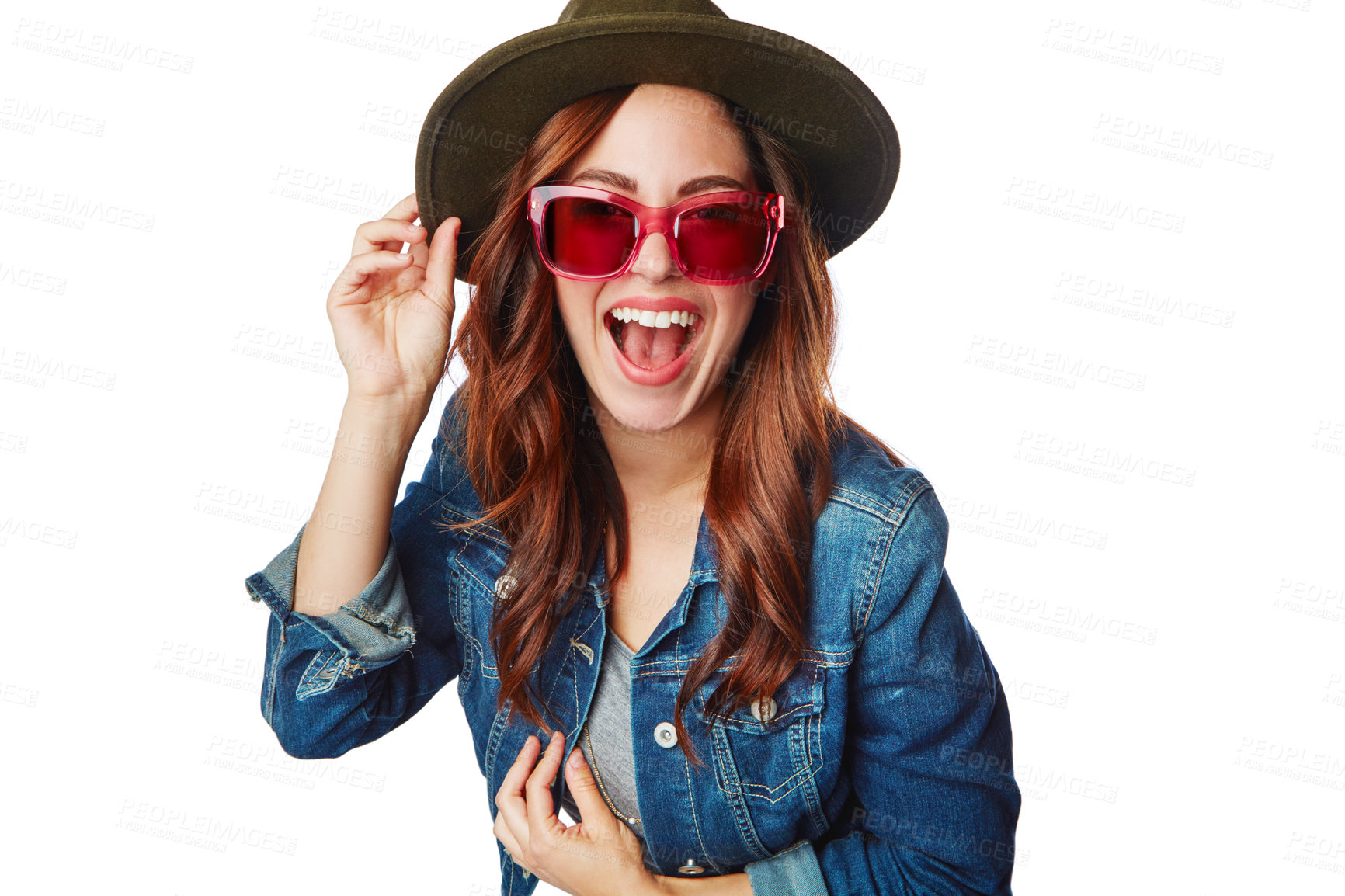 Buy stock photo Happy woman, fashion and glasses with hat, smile or excited face against a white studio background. Portrait of a isolated fashionable female smiling in happiness for summer style on white background
