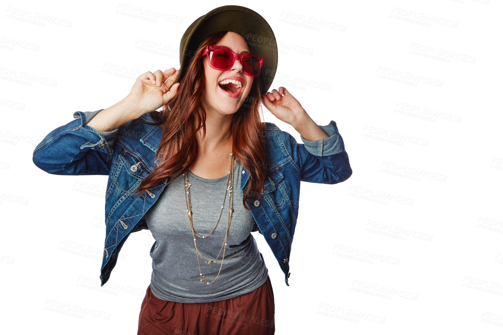 Buy stock photo Laughing woman, fashion or sunglasses with hat or denim jacket on isolated white background or marketing mockup. Smile, happy and gen z model with funny or comic face expression or cool brand clothes