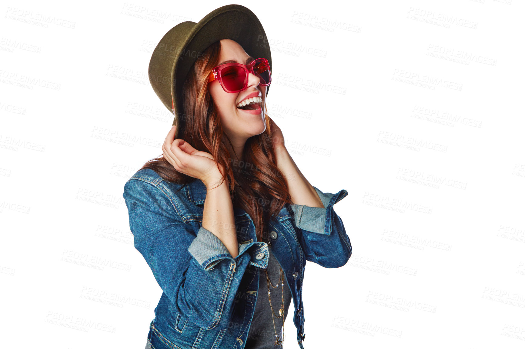 Buy stock photo Fashion, youth and trendy woman laugh with cool sunglasses and style for marketing with smile. Happy, gen z and young fashionista model isolated on white background for advertising mockup.

