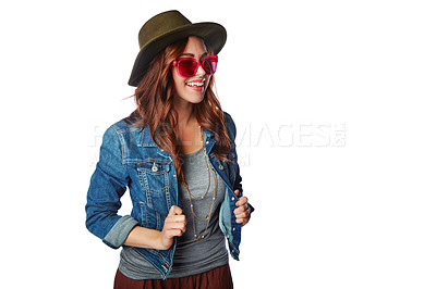 Buy stock photo Sunglasses, happy and girl fashion with cool, gen z and youth style of people with smile in studio. Happiness, joy and young fashionista person on isolated white background for advertising mockup.

