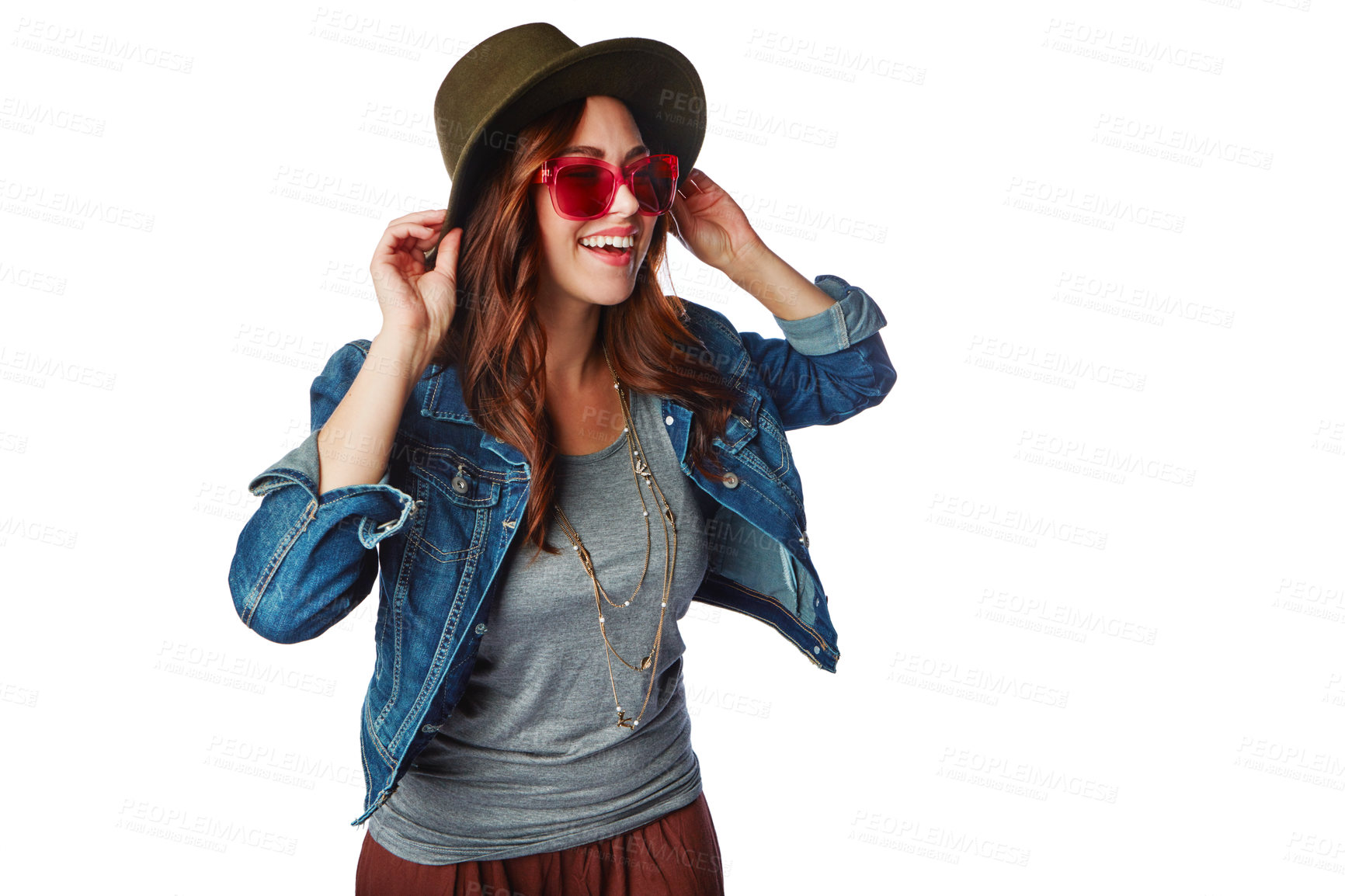 Buy stock photo Thinking, fashion and girl youth happy with trendy style and sunglasses with smile for marketing. Happiness, gen z and young fashionista model isolated on white background for advertising mockup.


