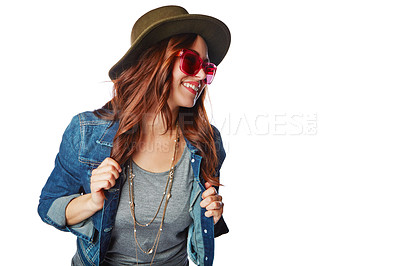 Buy stock photo Fashion, trendy and happy woman in studio with casual, stylish and funky outfit with accessories. Happiness, smile and female model with hat, sunglasses and edgy clothes isolated by white background.