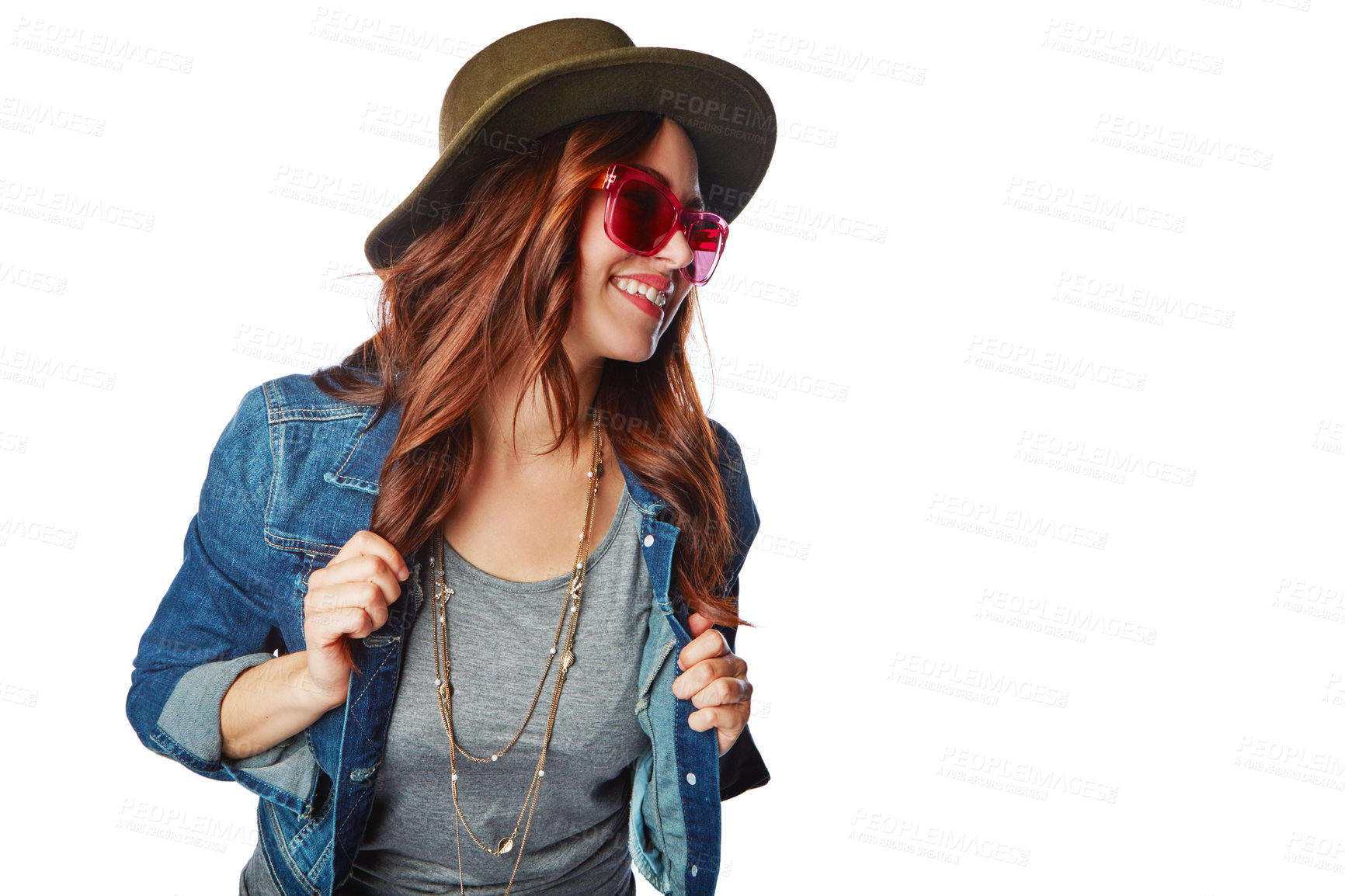 Buy stock photo Fashion, trendy and happy woman in studio with casual, stylish and funky outfit with accessories. Happiness, smile and female model with hat, sunglasses and edgy clothes isolated by white background.