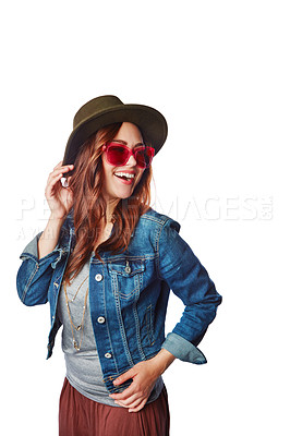 Buy stock photo Trendy, style and happy model in a studio with a casual, stylish and funky outfit with accessories. Happiness, smile and woman with hat, sunglasses and edgy clothes isolated by a white background.