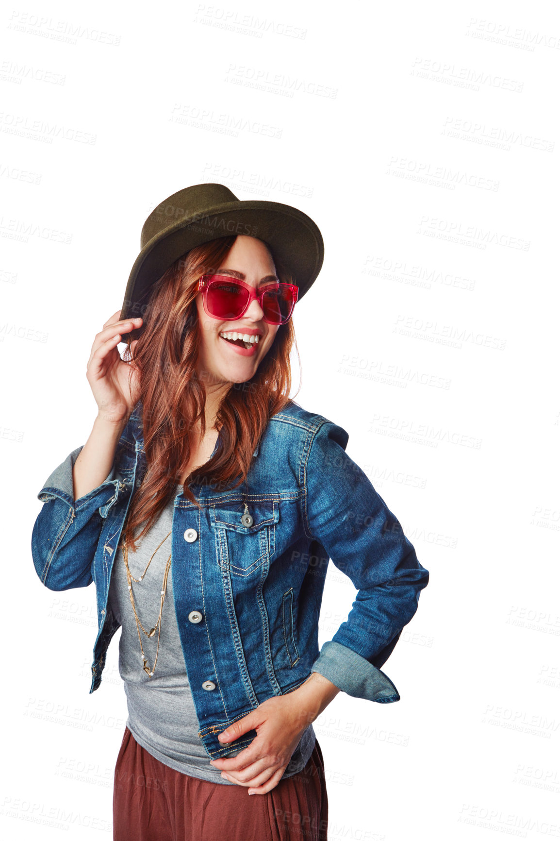 Buy stock photo Trendy, style and happy model in a studio with a casual, stylish and funky outfit with accessories. Happiness, smile and woman with hat, sunglasses and edgy clothes isolated by a white background.