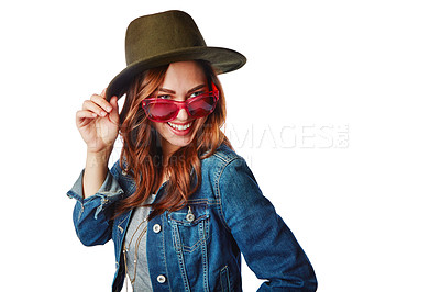 Buy stock photo Happy woman, fashion and sunglasses with hat or denim jacket on isolated white background or marketing mockup. Smile, gen z and model with funny, comic or ideas face expression for cool brand clothes