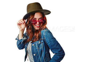 Buy stock photo Happy woman, portrait or fashion denim jacket with sunglasses or hat on isolated white background or mockup. Smile, gen z and model with cool, trendy style or brand clothes ideas on mock up backdrop