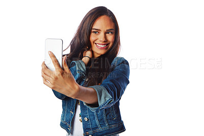 Buy stock photo Happy model, fashion and phone selfie on isolated white background for social media, profile picture or video call. Smile, woman or influencer on mobile photography technology in blogging on mockup