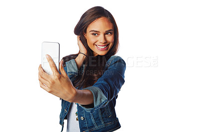 Buy stock photo Model, fashion and phone selfie on isolated white background for social media, profile picture or video call. Smile, happy woman or influencer on mobile photography technology in blogging on mockup