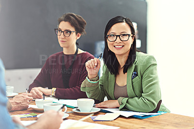 Buy stock photo Office, workshop and portrait of woman at creative agency for brainstorming, collaboration and ideas at startup. Growth, development and confident person at meeting for design, planning and strategy