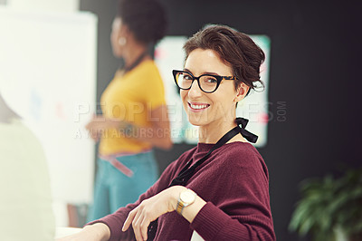 Buy stock photo Creative, smile and woman in portrait, office and meeting for planning, ideas and collaboration with employees. Design, agency and startup with entrepreneur and workspace in company and teamwork