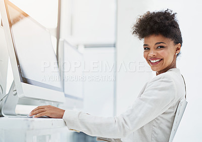 Buy stock photo Portrait, black woman and desktop with screen for lens flare, corporate and workplace. Tech, wifi and African face of web designer in bright office with software and wordpress for creative project