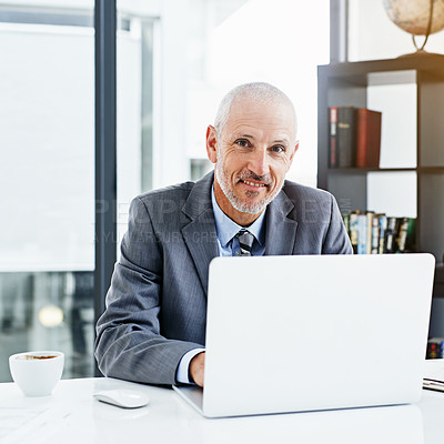 Buy stock photo Corporate, office and portrait of businessman with laptop for stock market, research and planning. Broker, smile and mature person with technology for investment report, portfolio and networking