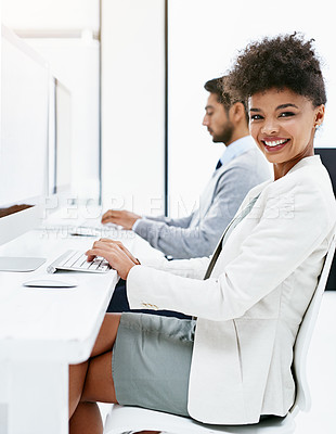Buy stock photo Portrait, black woman and desktop with typing for job, computer screen and workplace. Tech, internet connection and African web designer in modern office with software and project for creative career