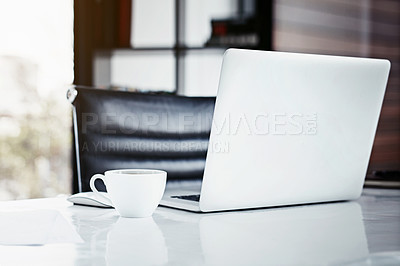 Buy stock photo Empty office, desk and laptop or coffee for interior design, internet and minimal trend in workplace. Mug, tech and online for project or networking via email, planning and research on website