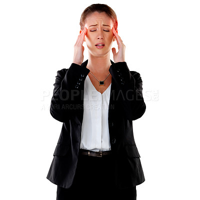 Buy stock photo Woman, pain and red glow by white background with headache, stress migraine and corporate burnout. Isolated executive, eyes closed and anxiety in studio with mental health, depression and fatigue