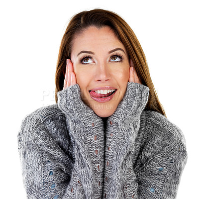Buy stock photo Winter, funny face or woman thinking of fashion in studio on white background for ideas and wellness. Beauty, natural skincare and happy model in wool jersey, clothes and sweater for trendy style