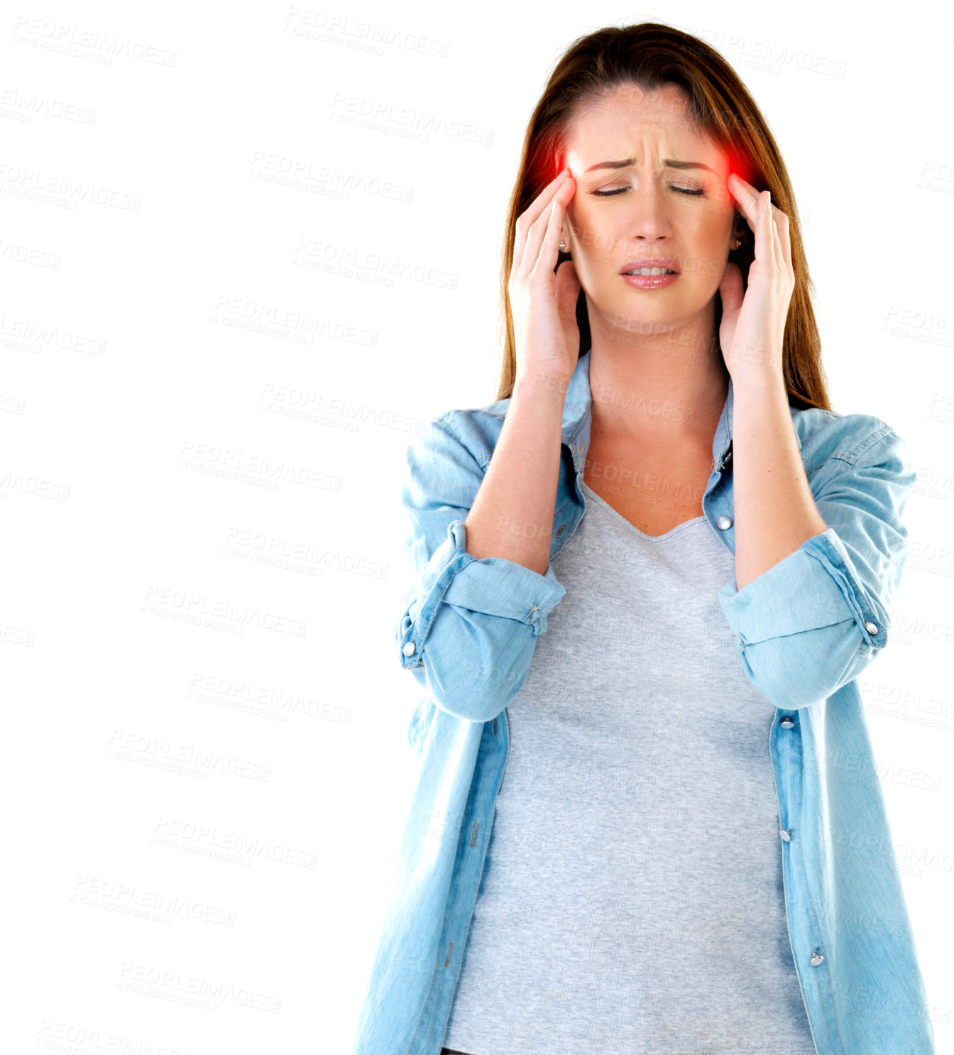 Buy stock photo Studio shot of a young woman experiencing a headache against a white background