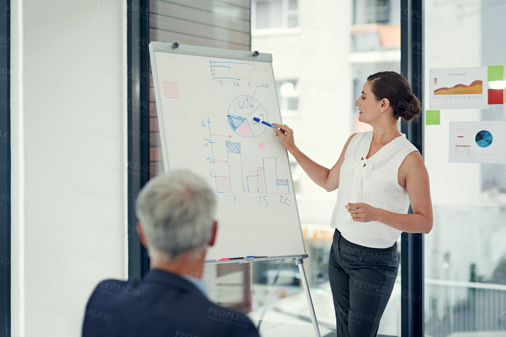 Buy stock photo Presentation, discussion and businesswoman at whiteboard in office for finance budget planning. Meeting, brainstorming and financial advisor with KPI review for revenue, dividend or profit goals.