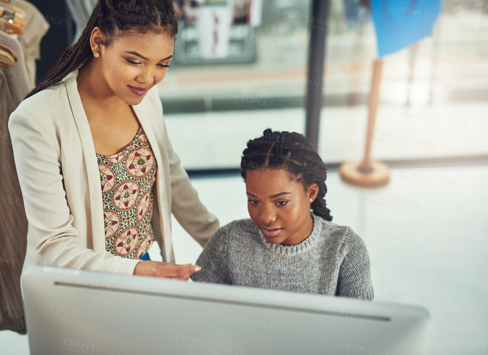 Buy stock photo Employees, computer and plan for fashion design, teamwork and website to upload clothing product. Women, partnership and online trade for company, conversation and email clients with order in office