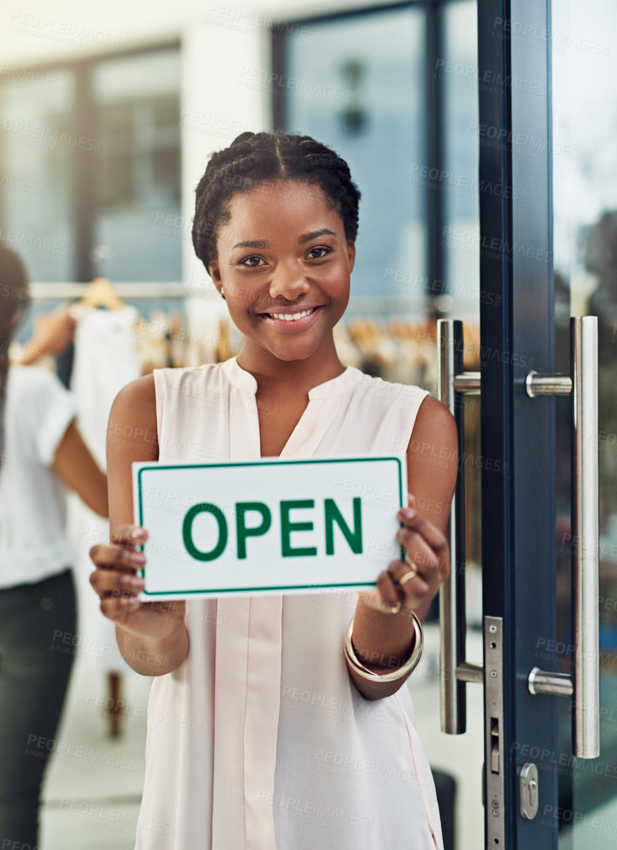 Buy stock photo Entrepreneur, woman and portrait with open sign in shop for welcome, ready for service and small business. Owner, poster board and start day at boutique door in startup store for fashion and clothing