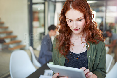 Buy stock photo Business, woman and digital tablet in office with smile for creative research, schedule check and planning. Entrepreneur, employee and reading online article for project, communication and web search