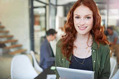 Buy stock photo Woman, smile and office portrait with tech, web design with professional female person in coworking workspace. Confident, happy in career for creative job, research and technology in workplace