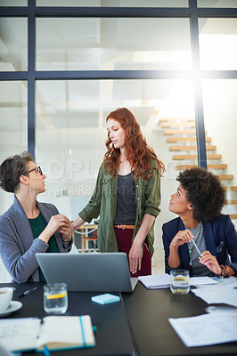 Buy stock photo Laptop, teamwork or women in startup for meeting, conversation or discussion for paperwork. Talking, problem solving or colleagues in office for planning strategy, feedback or online collaboration