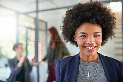 Buy stock photo African woman, portrait and happy in workspace for creative agency, design and development in office. Startup company, international and female owned business in workplace for job collaboration.