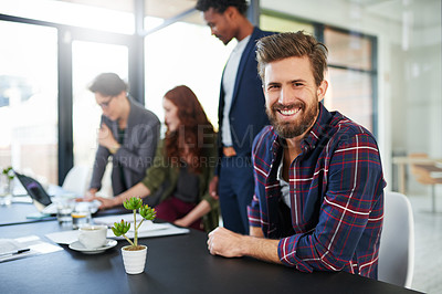 Buy stock photo Happy businessman, portrait and startup company in workplace for international agency, planning and design. Male professional, creative and teamwork in office for career, brainstorming and ideas.