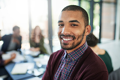 Buy stock photo Portrait, man and meeting in modern office with people for lens flare, coworking and creative career. Face of male designer, work and confident at agency with smile for company, together and teamwork