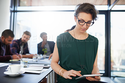Buy stock photo Business, woman and tablet in boardroom with reading for creative research, schedule check or planning. Entrepreneur, employee and glasses with online article for project, communication or web search