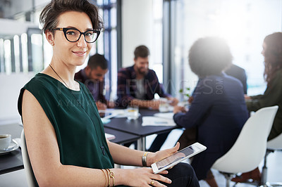 Buy stock photo Woman, tablet and smile portrait in office, web with professional female person in coworking workspace. Confident, happy in online career for corporate job, employee on technology in workplace