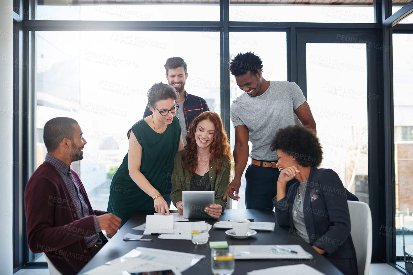 Buy stock photo Tablet, teamwork or happy people in startup for solution, conversation or discussion for tech news. Problem solving, meeting or designers in office for planning strategy, feedback or collaboration 