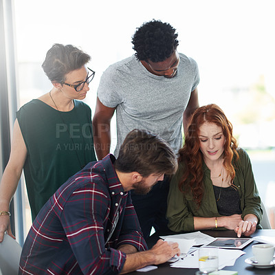 Buy stock photo Tablet, teamwork or people in startup for news, conversation or group discussion in office together. Paperwork, meeting or colleagues planning strategy, feedback data or info online in collaboration