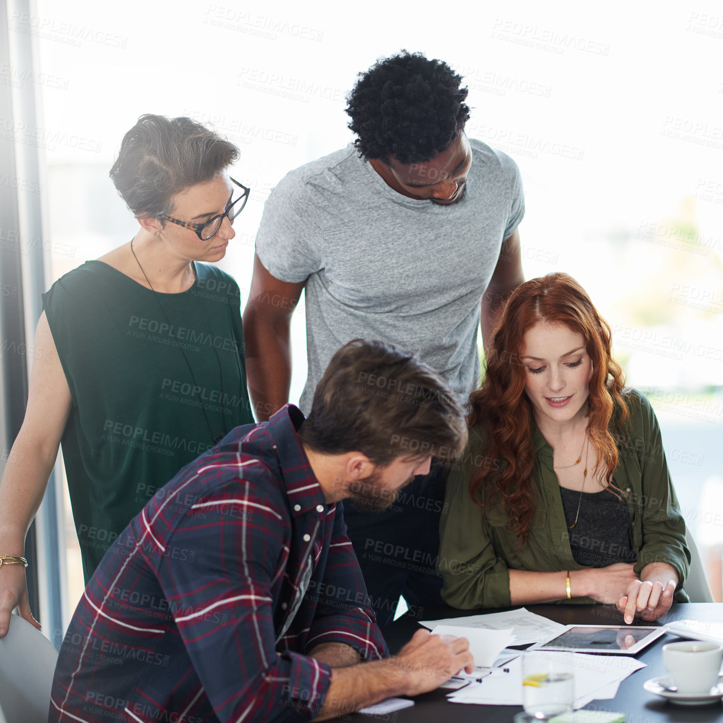 Buy stock photo Tablet, teamwork or people in startup for news, conversation or group discussion in office together. Paperwork, meeting or colleagues planning strategy, feedback data or info online in collaboration