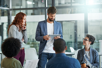 Buy stock photo Teamwork, idea and people in meeting with tablet, documents and technology for agenda in office. Discussion, partnership and employees together for plan, work and diversity in creative career