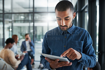 Buy stock photo Businessman, reading and digital tablet in office or serious for creative research, schedule and planning. Entrepreneur, employee or pride with online article for project, communication or web search