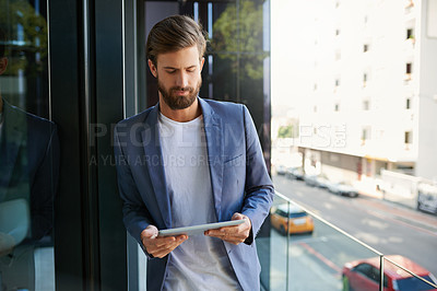 Buy stock photo Business man, tablet and career on office balcony for web project, occupation review online and email feedback on digital report. Young male person or editor and tech for internet research on mockup
