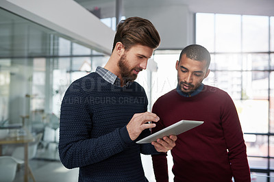 Buy stock photo Male designers, talking and tablet in office for career, web project or occupation review online for email feedback. professional creative men or editor and tech for digital report research on mockup