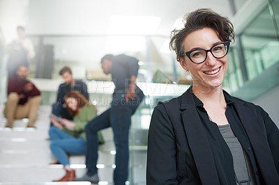Buy stock photo Leadership, portrait of business people together at office stairs after meeting or discussion. Management, diversity and female manager or employee with team in conversation at company workplace
