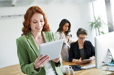 Buy stock photo Business, woman and smile with tablet in office for creative research, schedule check and planning. Entrepreneur, employee and reading online article for project, communication and web search at desk