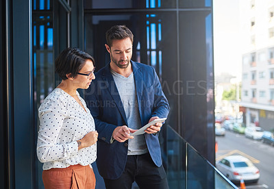 Buy stock photo People with tablet, business meeting and teamwork with strategy, technology and digital agenda at city office. Collaboration, professional man and woman working together with online project planning