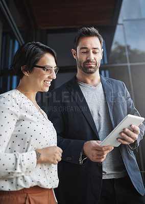 Buy stock photo People, tablet and smile at building for news, innovation and positive company review. Businessman, woman or tech at agency for connectivity, social media or feedback for business development in city