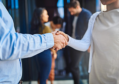 Buy stock photo Handshake, business people in collaboration and partnership, trust in team and onboarding or hiring. Professional agreement, deal and contract with man and woman shaking hands, teamwork and thank you