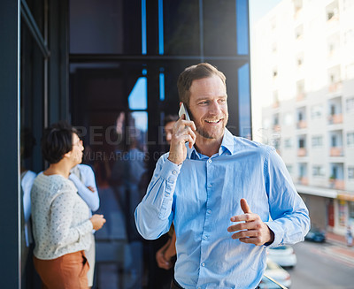 Buy stock photo Business man, phone call and office balcony with public relations worker and planning. City, working and mobile networking with professional and consultation for press release and chat about project