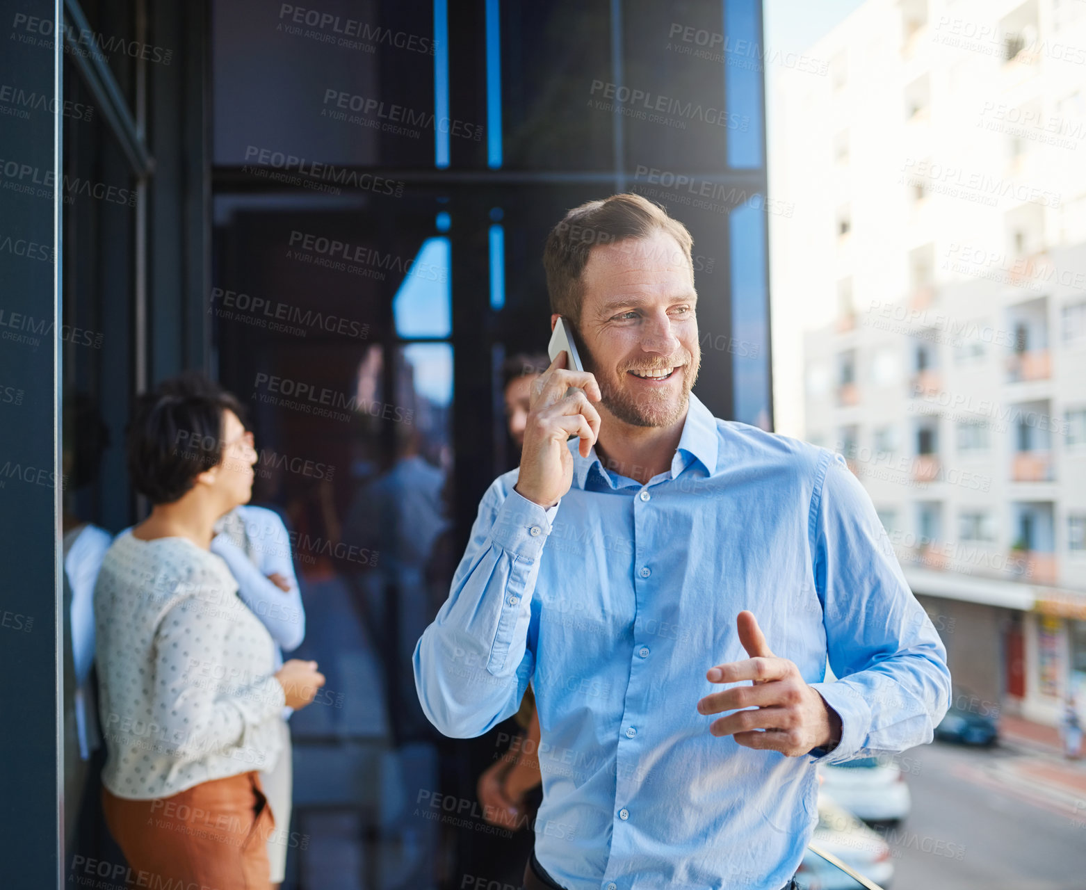 Buy stock photo Business man, phone call and office balcony with public relations worker and planning. City, working and mobile networking with professional and consultation for press release and chat about project