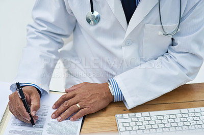 Buy stock photo Doctor, writing and hands of document with paper and medical research for rapamycin in office. Person, tech and lifetime expansion information in notebook with medicine study of healthcare worker
